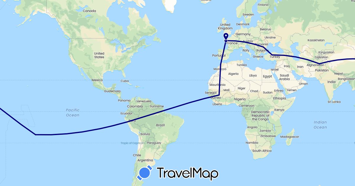 TravelMap itinerary: driving in Afghanistan, France, Morocco, Mali, Romania, Turkey (Africa, Asia, Europe)